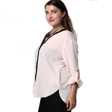 ELEGANT V-NECK HIT COLOR 3/4 SLEEVE PLUS SIZE BLOUSE FOR WOMEN (WHITE, XL/2XL/3XL/4XL/5XL)