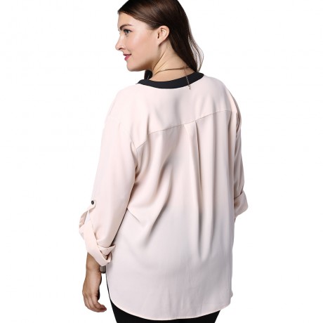 ELEGANT V-NECK HIT COLOR 3/4 SLEEVE PLUS SIZE BLOUSE FOR WOMEN (WHITE, XL/2XL/3XL/4XL/5XL)