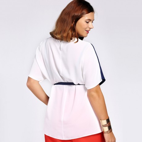 CHIC SHORT SLEEVE COLOR BLOCK WAIST TIED PLUS SIZE BLOUSE FOR WOMEN (COLOUR MIX, SIZE XL/2