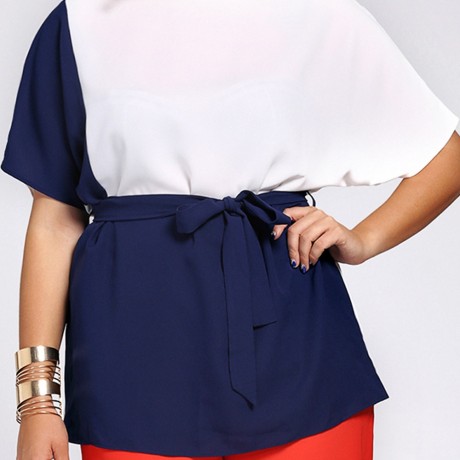 CHIC SHORT SLEEVE COLOR BLOCK WAIST TIED PLUS SIZE BLOUSE FOR WOMEN (COLOUR MIX, SIZE XL/2