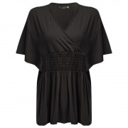 SIMPLE STYLE WOMEN'S PLUS SIZE BAT SLEEVE V NECK PURE COLOR T-SHIRT (BLACK, SIZE XL/2XL/3X