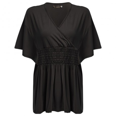 SIMPLE STYLE WOMEN'S PLUS SIZE BAT SLEEVE V NECK PURE COLOR T-SHIRT (BLACK, SIZE XL/2XL/3X