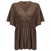 SIMPLE STYLE WOMEN'S PLUS SIZE BAT SLEEVE V NECK PURE COLOR T-SHIRT (BROWN, SIZE XL/2XL/3X