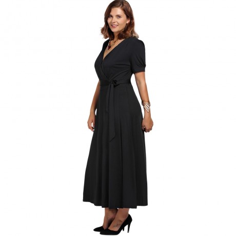PLUS SIZE TIE BELT MAXI SURPLICE DRESS (BLACK, SIZE L/XL/2XL/3XL)
