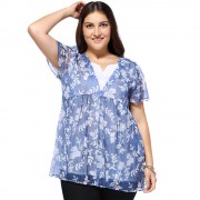 SWEET PLUS SIZE V NECK TINY FLOWER PATTERN WOMEN'S BLOUSE (BLUE, SIZE L/XL/2XL/3XL/4XL/5XL