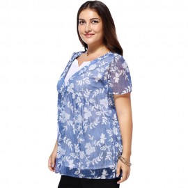 SWEET PLUS SIZE V NECK TINY FLOWER PATTERN WOMEN'S BLOUSE (BLUE, SIZE L/XL/2XL/3XL/4XL/5XL