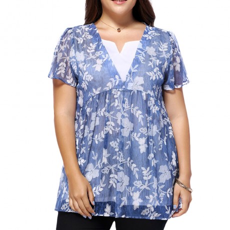 SWEET PLUS SIZE V NECK TINY FLOWER PATTERN WOMEN'S BLOUSE (BLUE, SIZE L/XL/2XL/3XL/4XL/5XL