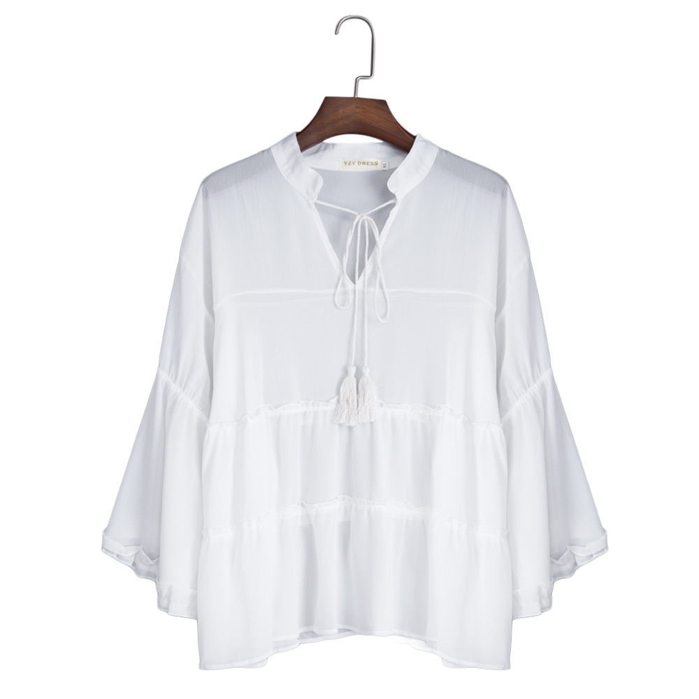 CASUAL V-NECK FLARE SLEEVE PLUS SIZE SLIM SHIRT FOR WOMEN (WHITE, SIZE XL/2XL/3XL/4XL/5XL)