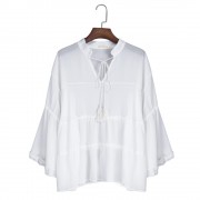 CASUAL V-NECK FLARE SLEEVE PLUS SIZE SLIM SHIRT FOR WOMEN (WHITE, SIZE XL/2XL/3XL/4XL/5XL)