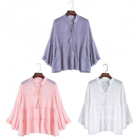 CASUAL V-NECK FLARE SLEEVE PLUS SIZE SLIM SHIRT FOR WOMEN (WHITE, SIZE XL/2XL/3XL/4XL/5XL)
