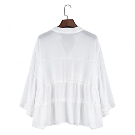 CASUAL V-NECK FLARE SLEEVE PLUS SIZE SLIM SHIRT FOR WOMEN (WHITE, SIZE XL/2XL/3XL/4XL/5XL)