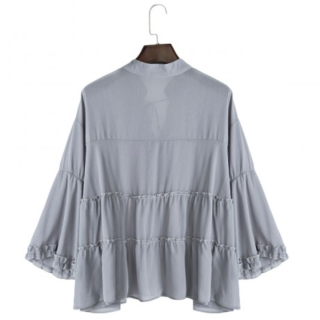 CASUAL V-NECK FLARE SLEEVE PLUS SIZE SLIM SHIRT FOR WOMEN (SMOKY GRAY, SIZE XL/2XL/3XL/4XL