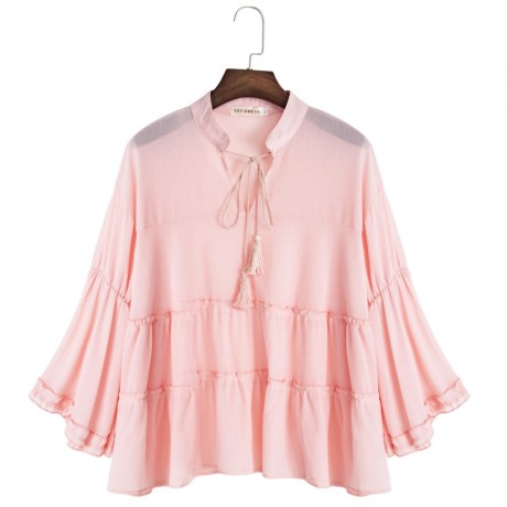 CASUAL V-NECK FLARE SLEEVE PLUS SIZE SLIM SHIRT FOR WOMEN (LIGHT PINK, SIZE XL/2XL/3XL/4XL