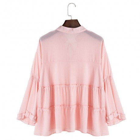 CASUAL V-NECK FLARE SLEEVE PLUS SIZE SLIM SHIRT FOR WOMEN (LIGHT PINK, SIZE XL/2XL/3XL/4XL