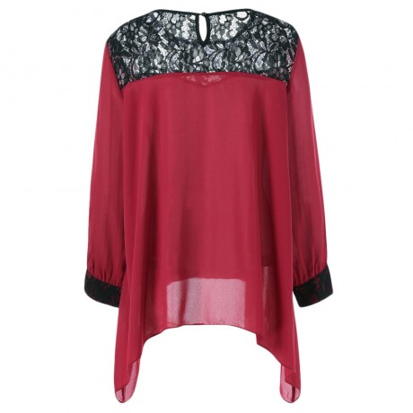 PLUS SIZE LACE SPLICING ASYMMETRICAL BLOUSE (DEEP RED, SIZE XL/2XL/3XL/4XL/5XL)