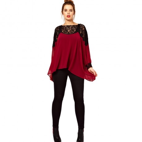 PLUS SIZE LACE SPLICING ASYMMETRICAL BLOUSE (DEEP RED, SIZE XL/2XL/3XL/4XL/5XL)
