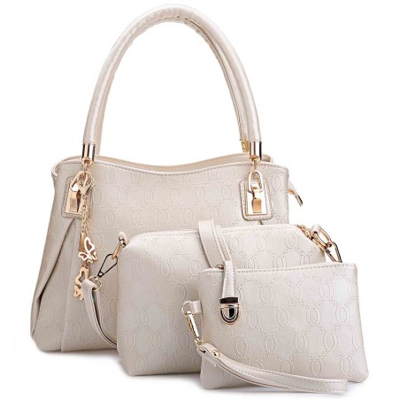 WOMEN 3PCS TOTE BAG PU LEATHER HANDBAG PURSE BAGS SET (WHITE)