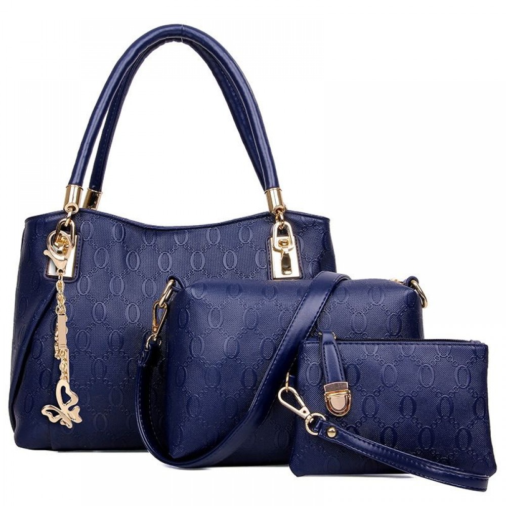 WOMEN 3PCS TOTE BAG PU LEATHER HANDBAG PURSE BAGS SET (BLUE)