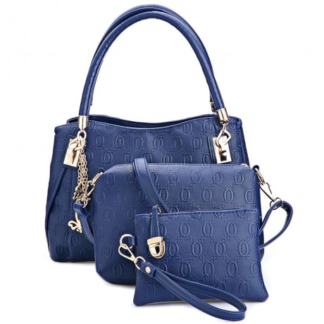 WOMEN 3PCS TOTE BAG PU LEATHER HANDBAG PURSE BAGS SET (BLUE)
