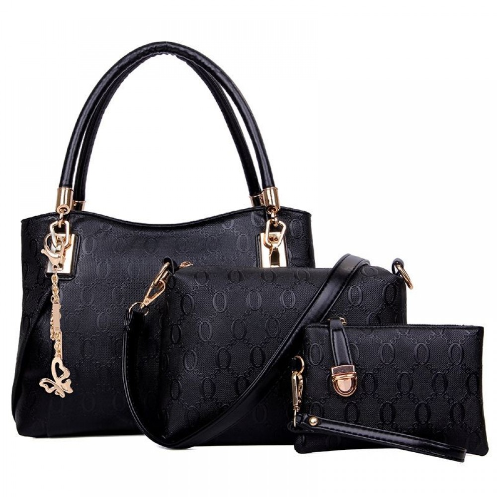 WOMEN 3PCS TOTE BAG PU LEATHER HANDBAG PURSE BAGS SET (BLACK)