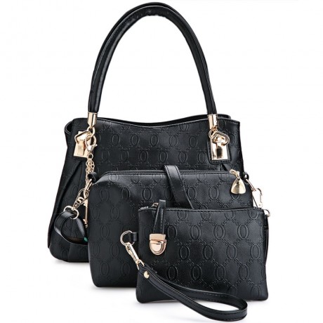 WOMEN 3PCS TOTE BAG PU LEATHER HANDBAG PURSE BAGS SET (BLACK)