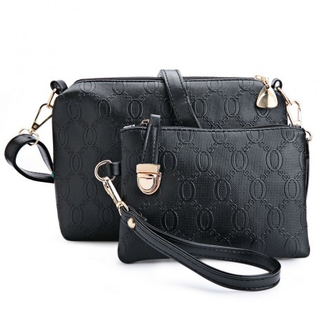 WOMEN 3PCS TOTE BAG PU LEATHER HANDBAG PURSE BAGS SET (BLACK)