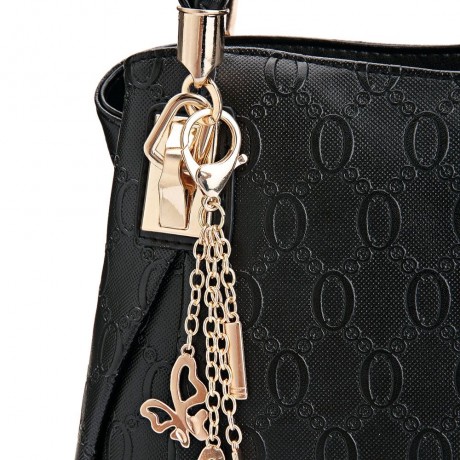 WOMEN 3PCS TOTE BAG PU LEATHER HANDBAG PURSE BAGS SET (BLACK)