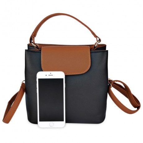 TRENDY BUTTON DESIGN PORTABLE WOMEN TOTE SHOULDER MESSENGER BAG (BLACK)