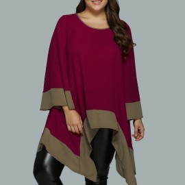 PLUS SIZE FLARE SLEEVE ASYMMETRICAL BLOUSE (WINE RED, SIZE XL/2XL/3XL/4XL/5XL)