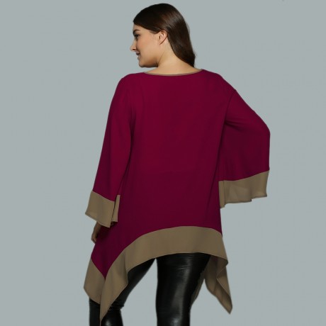 PLUS SIZE FLARE SLEEVE ASYMMETRICAL BLOUSE (WINE RED, SIZE XL/2XL/3XL/4XL/5XL)