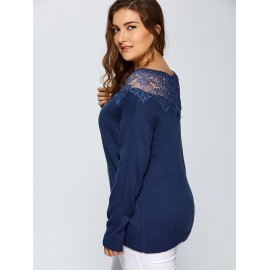 PLUS SIZE LACE SPLICED PULLOVER SWEATER (DEEP BLUE, SIZE XL/2XL/3XL/4XL/5XL)
