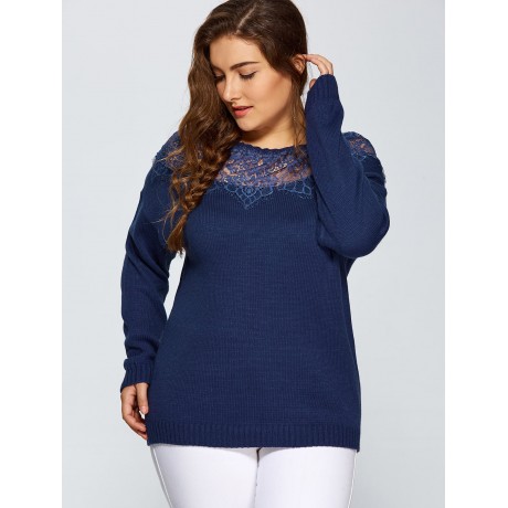 PLUS SIZE LACE SPLICED PULLOVER SWEATER (DEEP BLUE, SIZE XL/2XL/3XL/4XL/5XL)