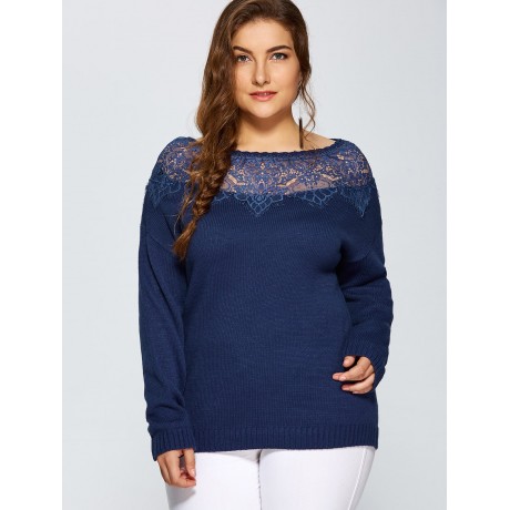 PLUS SIZE LACE SPLICED PULLOVER SWEATER (DEEP BLUE, SIZE XL/2XL/3XL/4XL/5XL)
