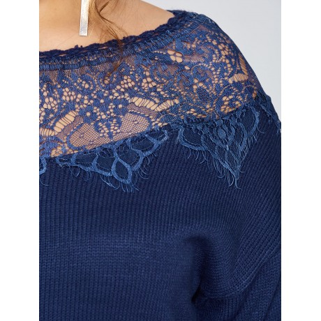 PLUS SIZE LACE SPLICED PULLOVER SWEATER (DEEP BLUE, SIZE XL/2XL/3XL/4XL/5XL)
