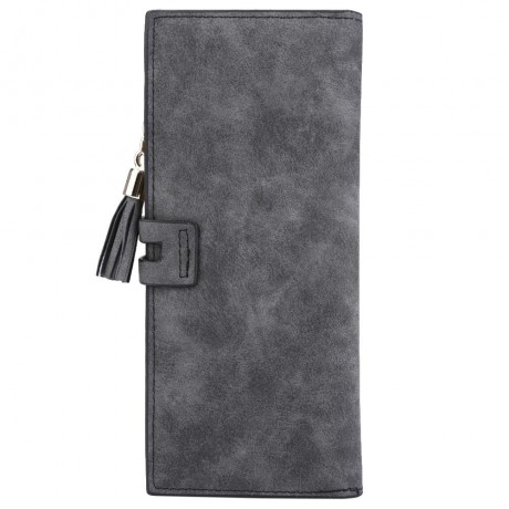 UMBRELLA TASSEL SOLID COLOR LETTER DUAL SNAP FASTENERS LONG CLUTCH WALLET FOR WOMEN (BLACK