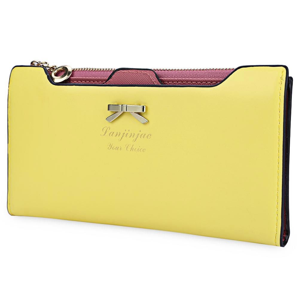 BOWKNOT LETTER SOLID COLOR HASP ZIPPER HORIZONTAL LONG WALLET FOR LADY (YELLOW)