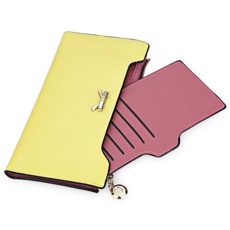 BOWKNOT LETTER SOLID COLOR HASP ZIPPER HORIZONTAL LONG WALLET FOR LADY (YELLOW)
