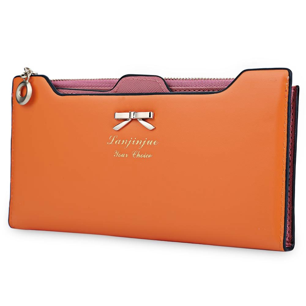 BOWKNOT LETTER SOLID COLOR HASP ZIPPER HORIZONTAL LONG WALLET FOR LADY (ORANGE RED)