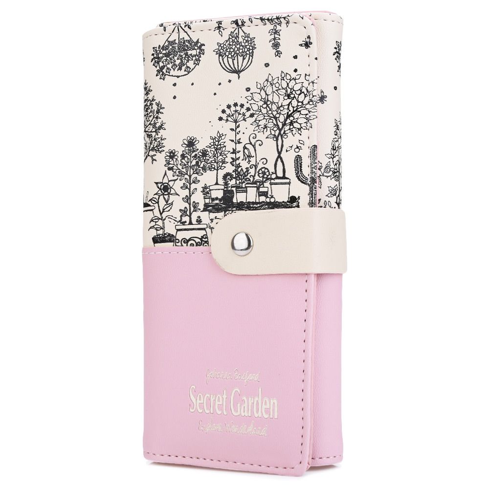 LANDSCAPE IMAGE PRINT LETTER EMBELLISHMENT SNAP FASTENER LONG CLUTCH WALLET (PINK)