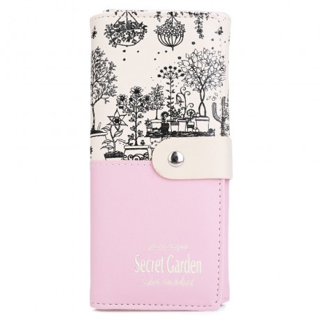 LANDSCAPE IMAGE PRINT LETTER EMBELLISHMENT SNAP FASTENER LONG CLUTCH WALLET (PINK)