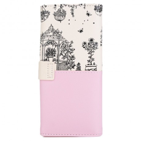 LANDSCAPE IMAGE PRINT LETTER EMBELLISHMENT SNAP FASTENER LONG CLUTCH WALLET (PINK)