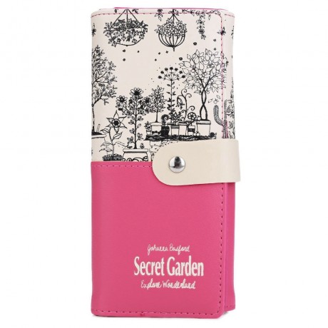 LANDSCAPE IMAGE PRINT LETTER EMBELLISHMENT SNAP FASTENER LONG CLUTCH WALLET (ROSE MADDER)