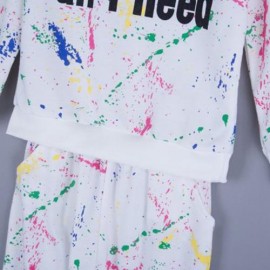 2PCS TRENDY GIRLS GRAFFITI PRINTED ROUND COLLAR TOPS TROUSERS (WHITE)