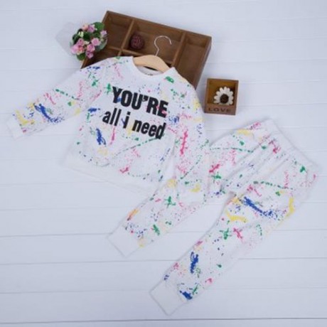 2PCS TRENDY GIRLS GRAFFITI PRINTED ROUND COLLAR TOPS TROUSERS (WHITE)
