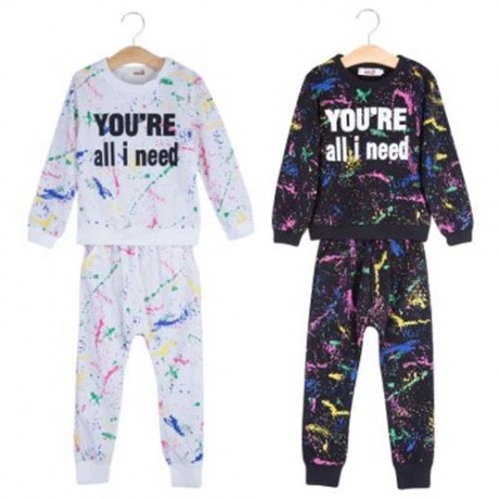 2PCS TRENDY GIRLS GRAFFITI PRINTED ROUND COLLAR TOPS TROUSERS (WHITE)