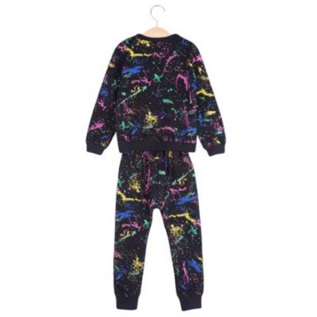 2PCS TRENDY GIRLS GRAFFITI PRINTED ROUND COLLAR TOPS TROUSERS (BLACK)