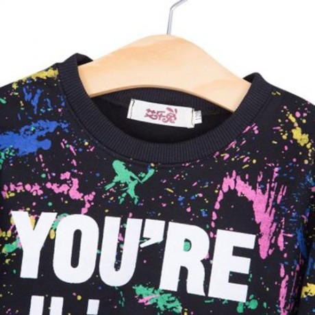 2PCS TRENDY GIRLS GRAFFITI PRINTED ROUND COLLAR TOPS TROUSERS (BLACK)