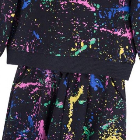 2PCS TRENDY GIRLS GRAFFITI PRINTED ROUND COLLAR TOPS TROUSERS (BLACK)