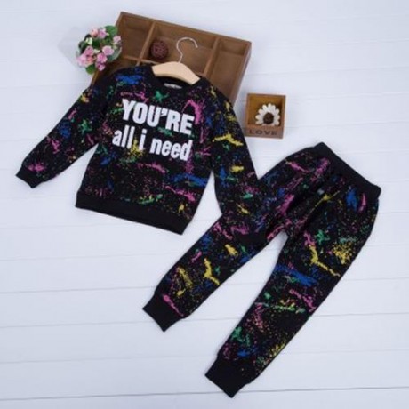 2PCS TRENDY GIRLS GRAFFITI PRINTED ROUND COLLAR TOPS TROUSERS (BLACK)