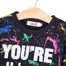 2PCS TRENDY GIRLS GRAFFITI PRINTED ROUND COLLAR TOPS TROUSERS (BLACK)